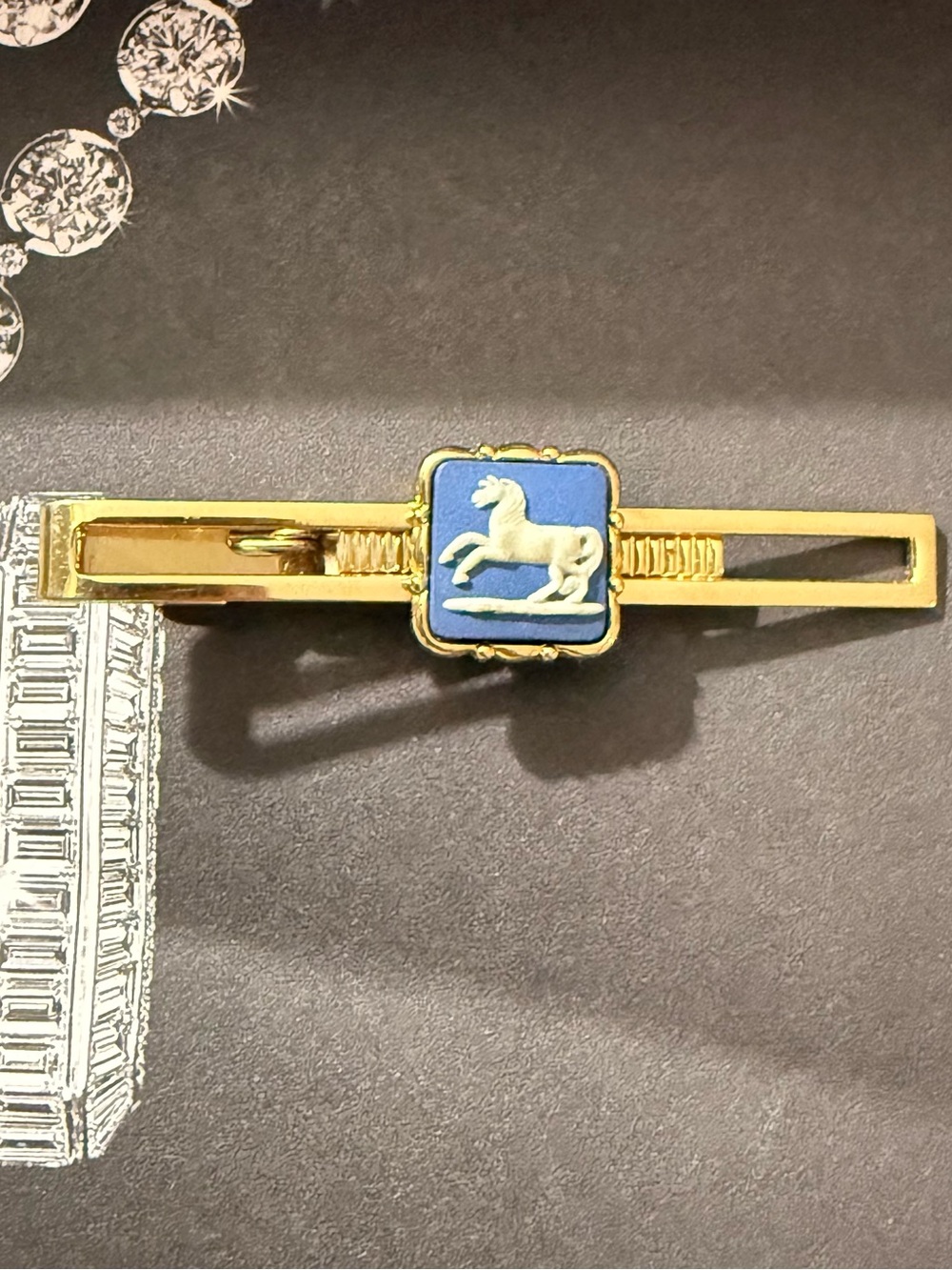 Gold Tone Blue Jasperware Horse Tie Bar- No box
